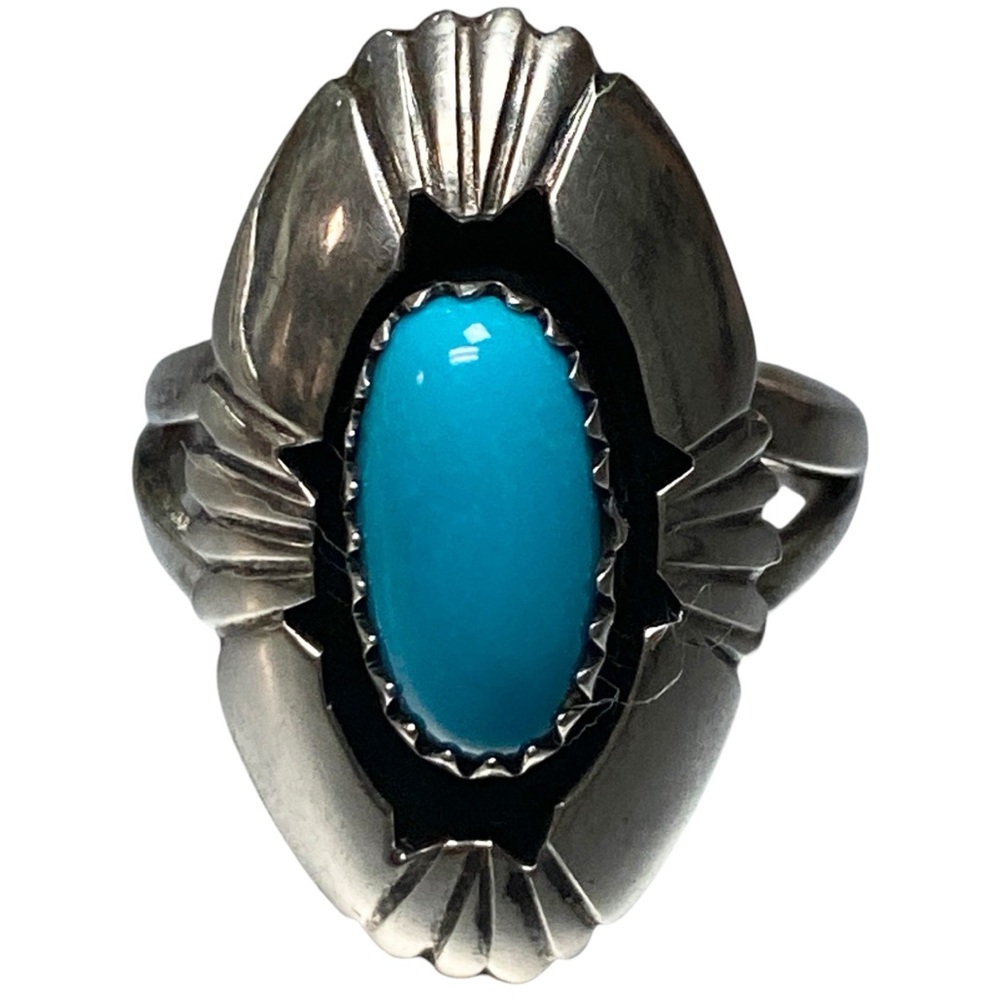 Vintage Southwestern Signed Sterling Silver Oval Turquoise Gemstone Ring 7.75”